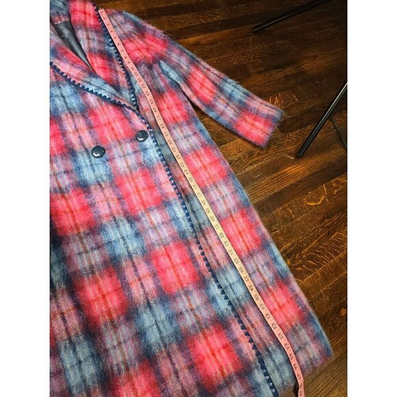 Vintage 1970s Red Blue Plaid Angora Wool Double Breasted Coat - Picture 8 of 16